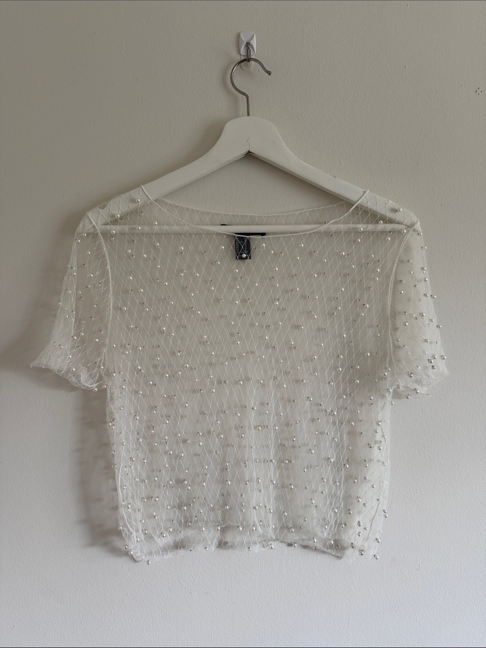 Forever 21 White Sheer Pearl-Studded Crop Top